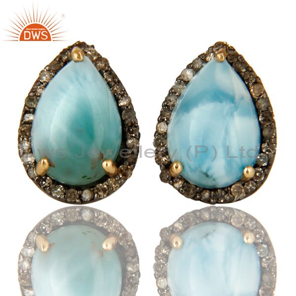 Natural Diamond Pave Set And Larimar Gemstone Stud Earrings In 14K Yellow Gold