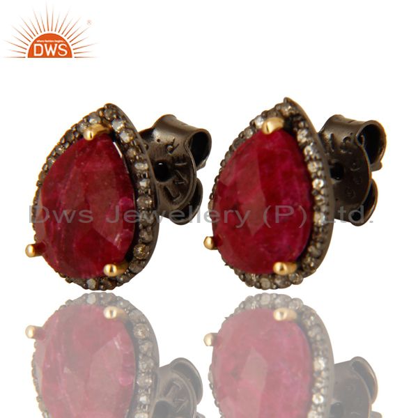 Oxidized 14K Solid Yellow Gold Ruby And Pave Set Diamond Stud Earrings For Women
