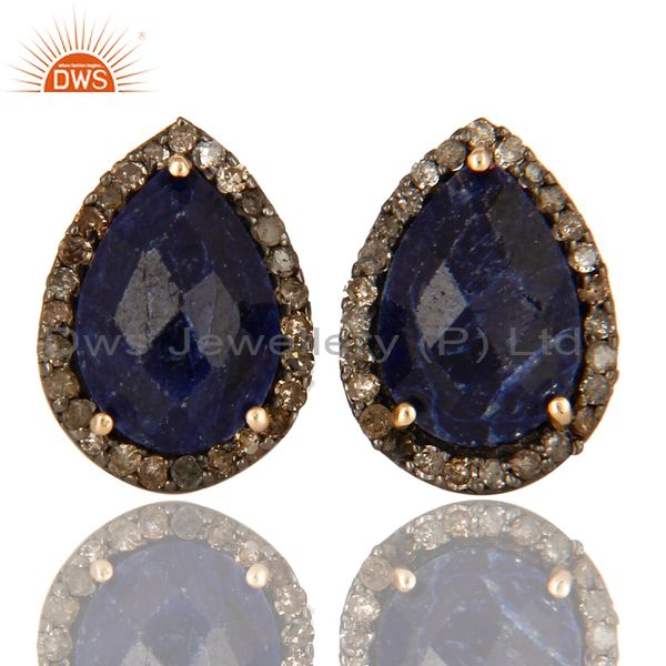 14K Yellow Gold Blue Sapphire And Pave Diamond Ladies Stud Earrings For Womens