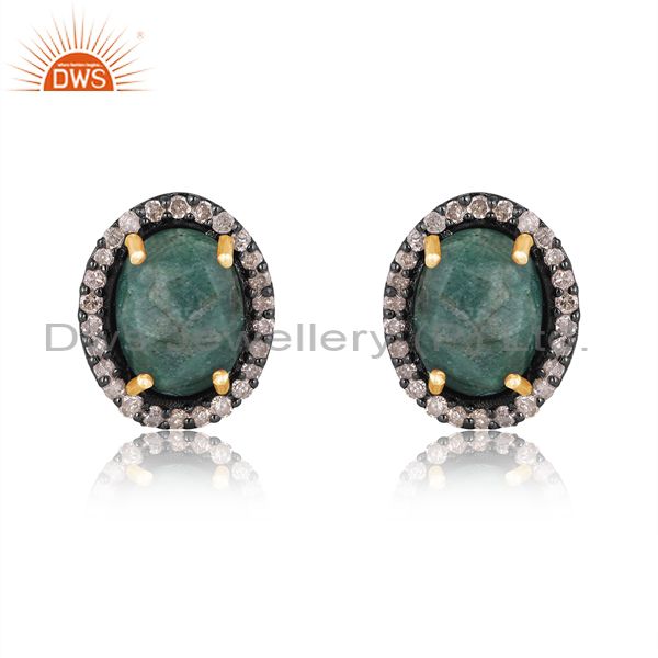 Oxidized 14K Yellow Gold Emerald And Pave Set Diamond Stud Earrings For Womens