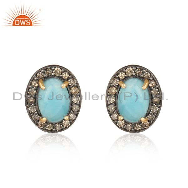 Natural Larimar 14K Yellow Gold And Sterling Silver Pave Diamond Stud Earrings