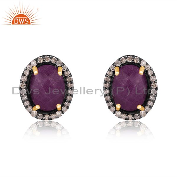 Natural Ruby Gemstone Pave Diamond Gold Plated Stud Earrings Supplier