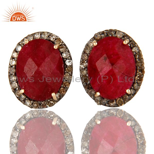 Natural Ruby 14K Yellow Gold And Sterling Silver Stud Earrings With Pave Diamond