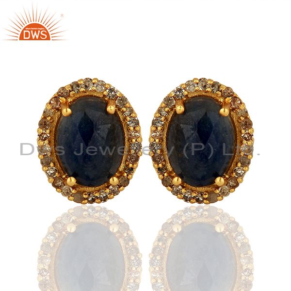14k Gold 925 Silver Pave Diamond Blue Sapphire Gemstone Earrings