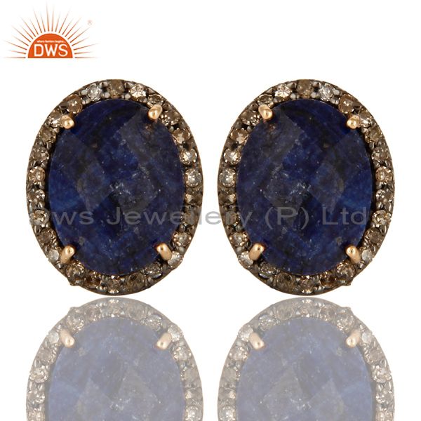 Natural Blue Sapphire Diamond Set Silver Stud Earrings Jewelry