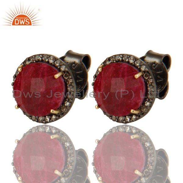 14K Solid Yellow Gold Diamond Framed And Ruby Round Stud Earrings For Womens