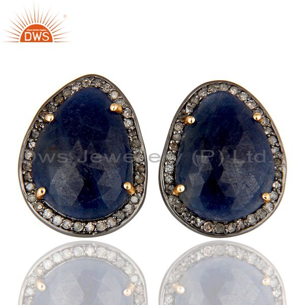 Genuine 14K Yellow Gold Pave Diamond And Blue Sapphire Womens Stud Earrings