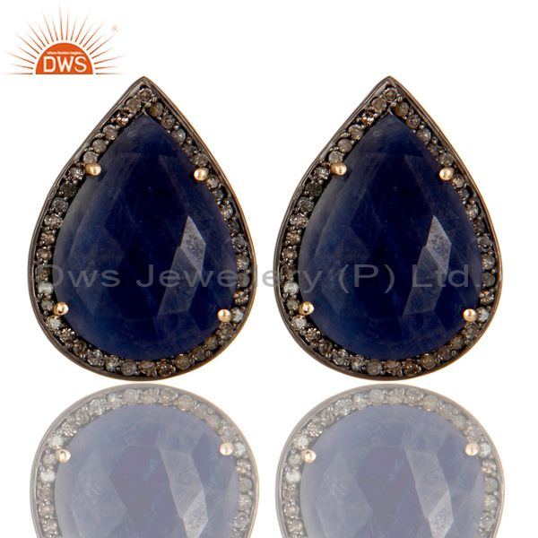 14K Solid Yellow Gold Pave Diamond And Blue Sapphire Teardrop Stud Earrings