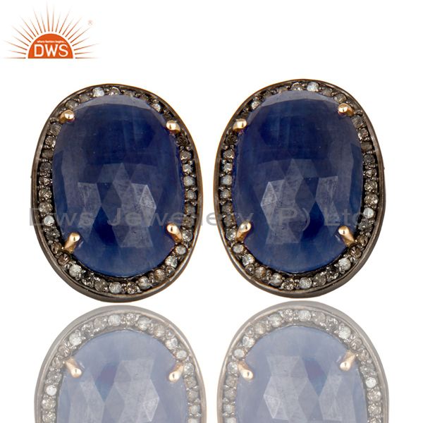 14K Solid Yellow Gold Pave Set Diamond And Blue Sapphire Oval Stud Earrings