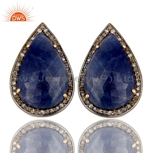14K Solid Yellow Gold Pave Diamond And Blue Sapphire Pear Shape Stud Earrings