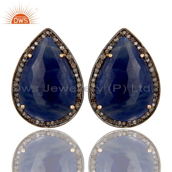 Solid 14K Yellow Gold Pave Diamond And Blue Sapphire Pear Shape Stud Earrings