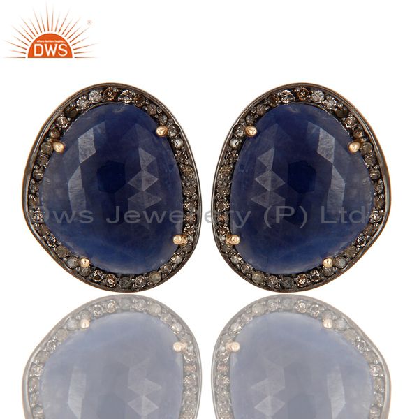 14K Yellow Gold Pave Set Diamond And Blue Sapphire Ladies Stud Earrings
