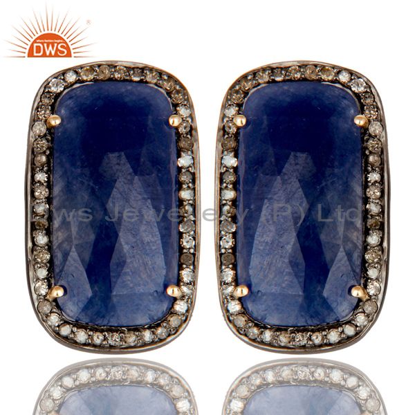 14K Solid Yellow Gold Pave Set Diamond And Blue Sapphire Womens Stud Earrings