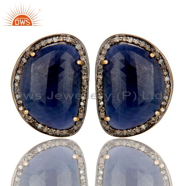 14K Solid Yellow Gold Pave Diamond And Blue Sapphire Womens Stud Earrings