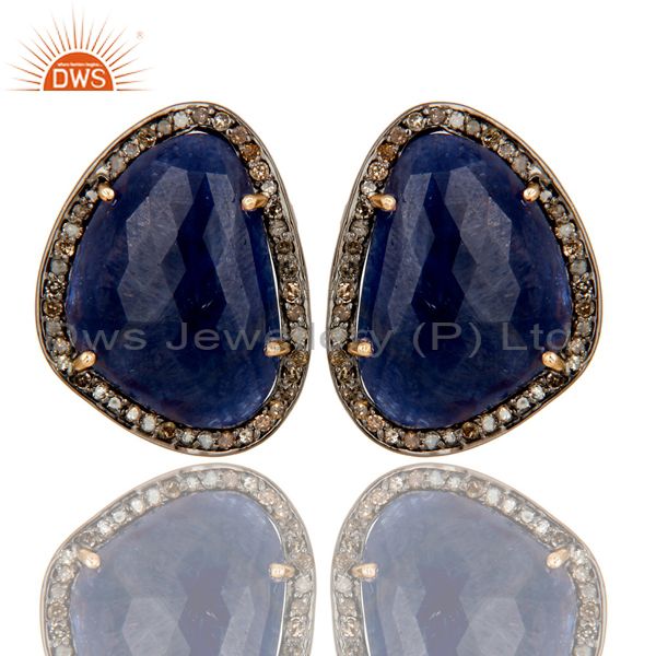 Solid 14K Yellow Gold Pave Diamond And Blue Sapphire Womens Stud Earrings