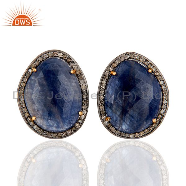 Diamond and Blue Sapphire Black Oxidized 925 Silver Stud Earring