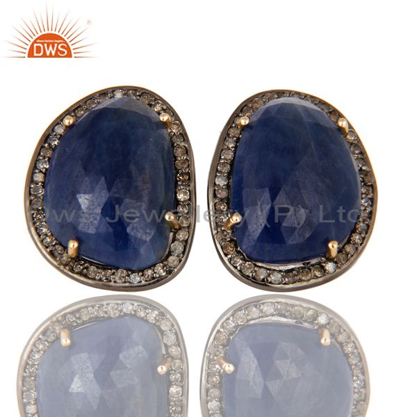 Solid 14K Yellow Gold Sterling Silver Pave Diamond Blue Sapphire Stud Earrings