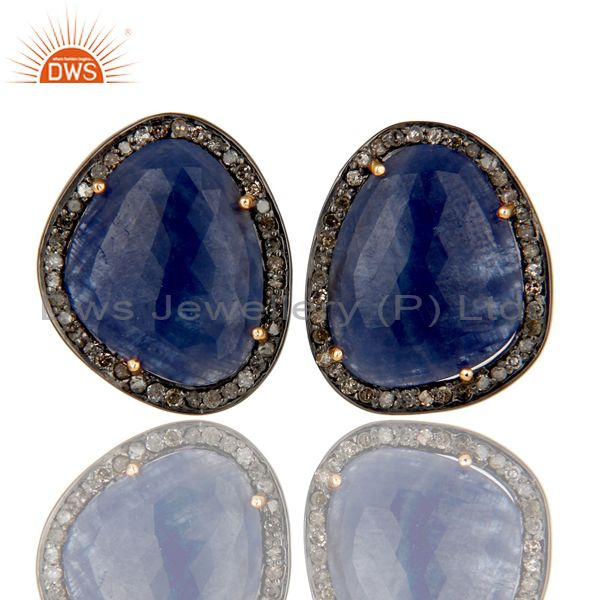 Blue Sapphire Stud Earrings With Pave Diamonds In 14K Solid Yellow Gold
