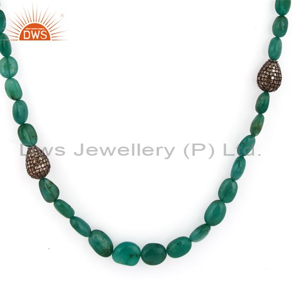 Polished Emerald Gemstone Beads 18K Solid Gold Pave Diamond 925 SIlver Necklace