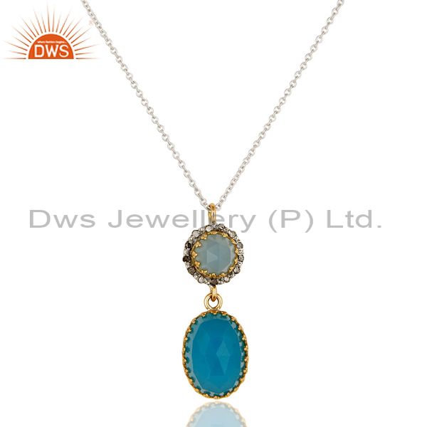 SOlid 18K Yellow Gold Aqua Blue Chalcedony Pave Diamond Drop Pendant Necklace