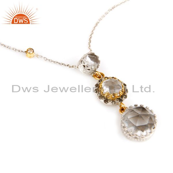18K Yellow Gold And Sterling Silver Crystal Quartz And Diamonds Pendant Chain