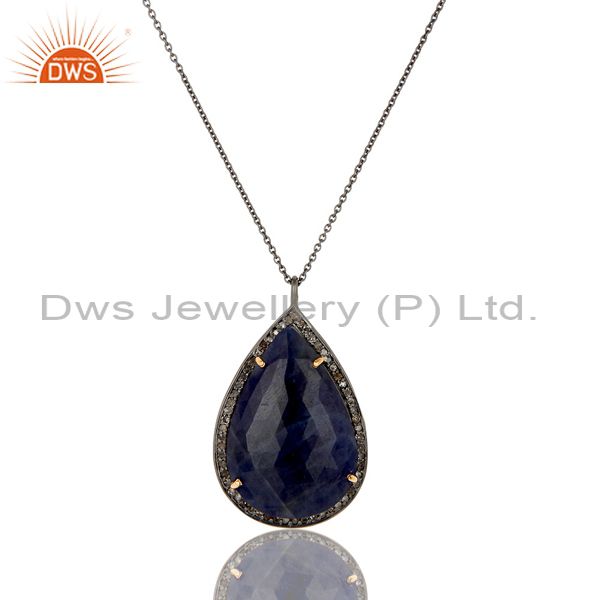 14K Solid Yellow Gold Pave Diamond And Blue Sapphire Drop Pendant With Chain