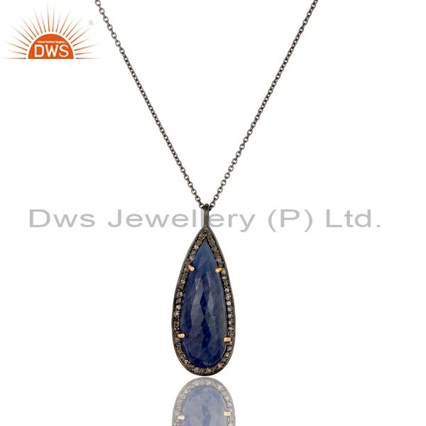 14K Solid Yellow Gold Blue Sapphire And Diamond Accented Drop Pendant With Chain
