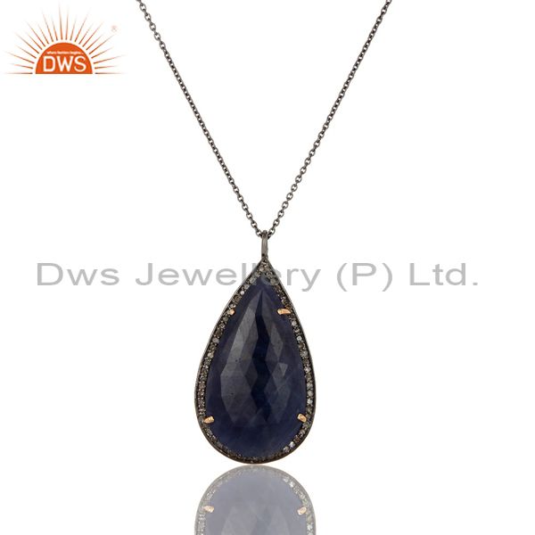 14K Solid Yellow Gold Blue Sapphire And Diamond Accented Pendant With Chain