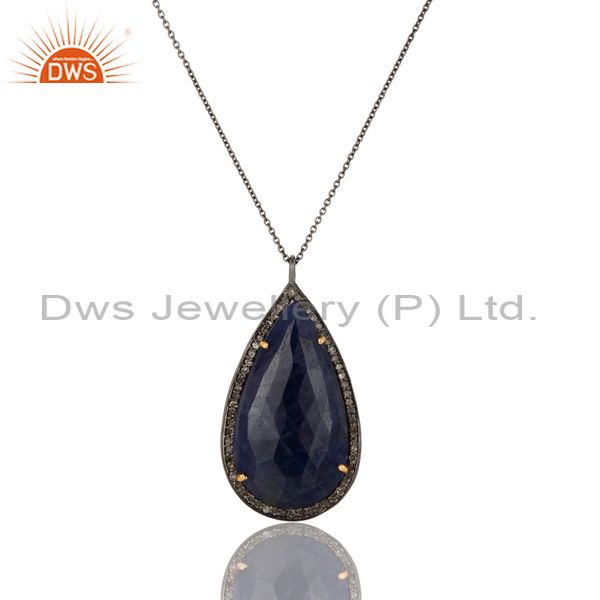 Solid 14K Yellow Gold Blue Sapphire Gemstone Necklace with Pave Set Diamonds