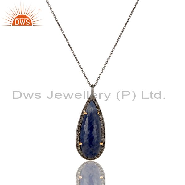 Solid 14k Yellow Gold Blue Sapphire And Pave Diamond Pendant Necklace