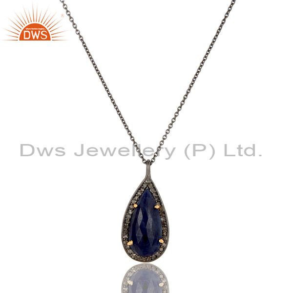 Blue Sapphire And Pave Set Diamond 14K Solid Yellow Gold Pendant Necklace