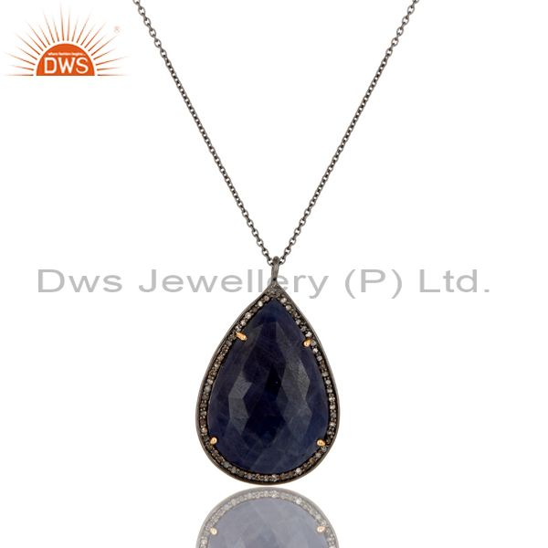 Blue Sapphire And Pave Diamond 14K Solid Yellow Gold Pendant Chain Necklace