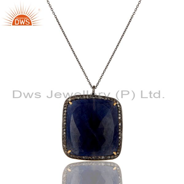 14K Yellow Gold Pave Diamond And Blue Sapphire Silver Pendant Necklace