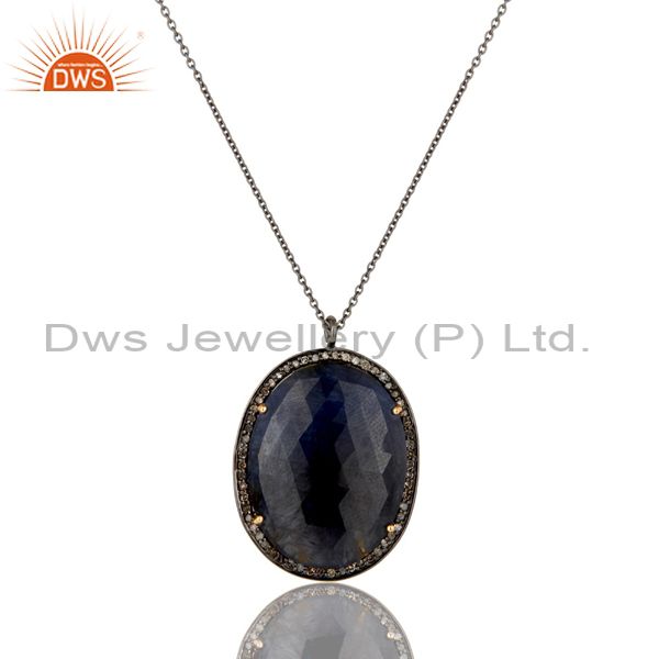 14K Yellow Gold Pave Diamond And Blue Sapphire Sterling Silver Pendant Necklace
