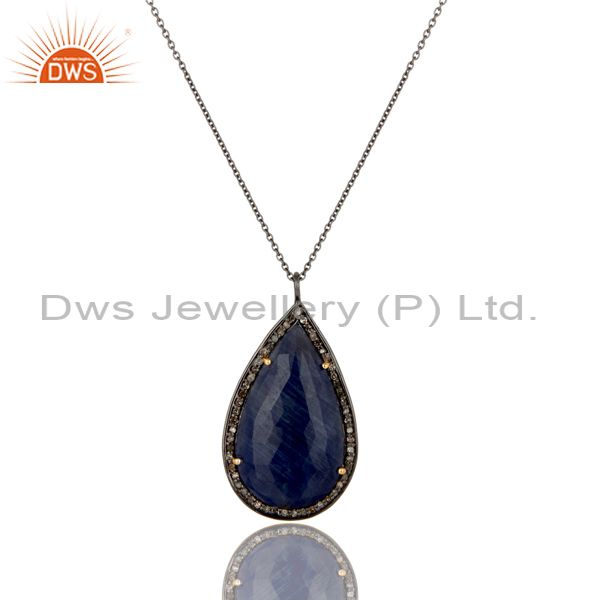 14K Yellow Gold Pave Set Diamond Blue Sapphire Sterling Silver Pendant Necklace