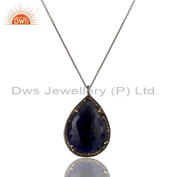 14K Yellow Gold Sterling Silver Blue Sapphire Pave Set Diamond Pendant Necklace