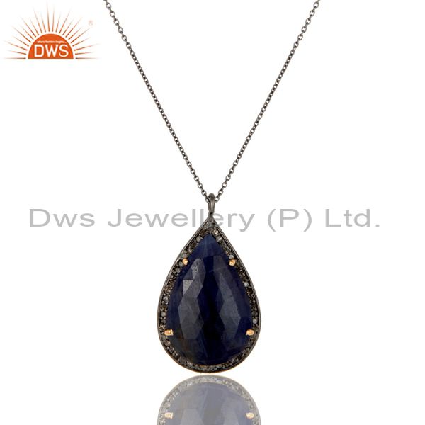 Real Blue Sapphire And Pave Diamond 14K Yellow Gold Silver Pendant Necklace