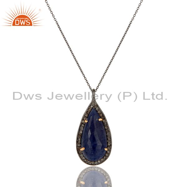 14K Solid Yellow Gold Silver Blue Sapphire And Pave Diamond Pendant Necklace