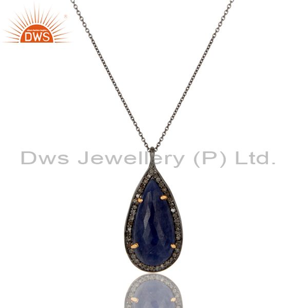 Blue Sapphire And Pave Diamond Solid 14K Yellow Gold Silver Pendant Necklace