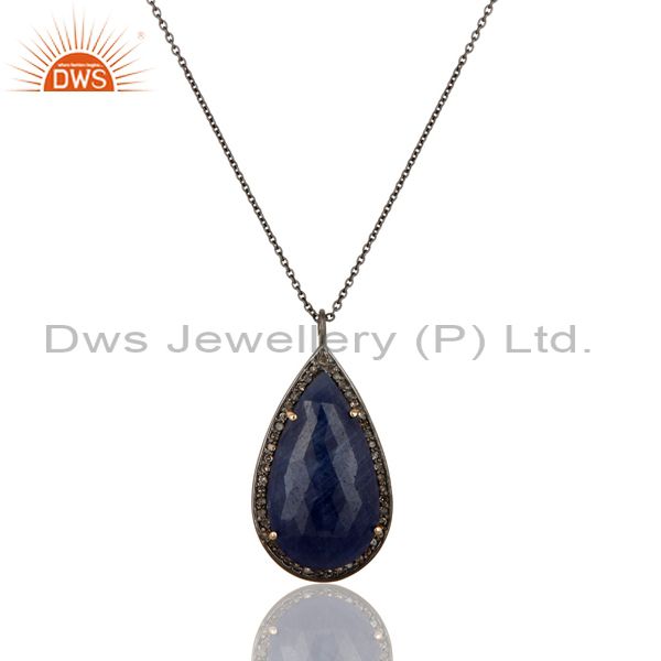 14K Solid Yellow Gold Pave Diamond And Blue Sapphire Silver Pendant With Chain
