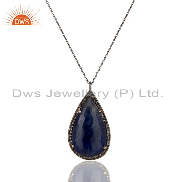 Solid 14K Yellow Gold Pave Diamond And Blue Sapphire Drop Pendant With Chain