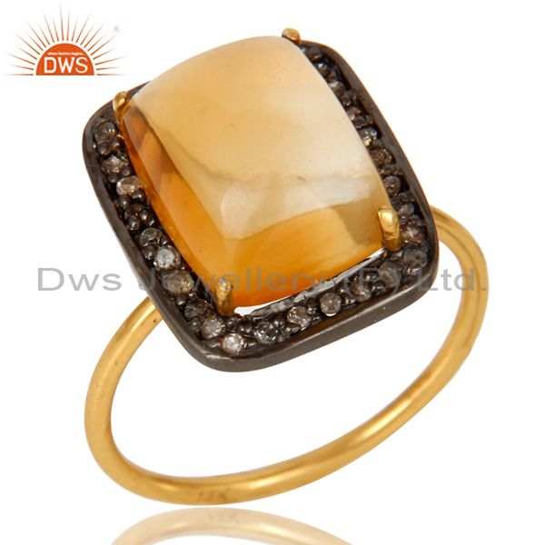 14K Solid Yellow Gold Pave Set Diamond And Citrine Gemstone Stackable Ring