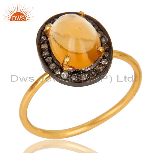 14K Solid Yellow Gold Pave Diamond And Citrine Gemstone Stackable Ring