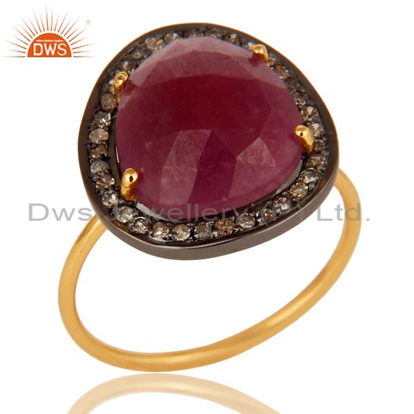 14K Yellow Gold Pave Diamond And Natural Ruby Gemstone Stacking Ring