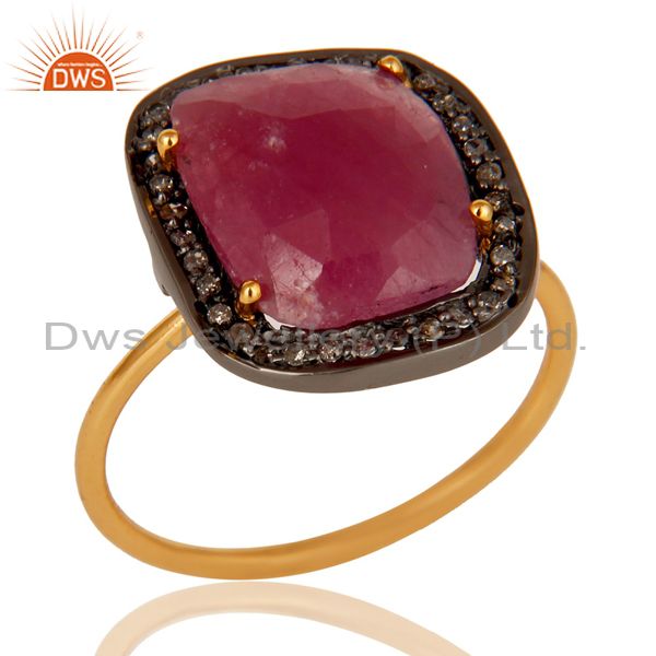 Pave Diamond and Natural Ruby Black and Yellow Gold Plated Sterling Silver Ring