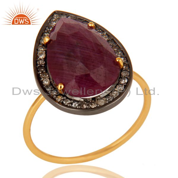 Natural Ruby Gemstone And Pave Diamond 14K Yellow Gold Stackable Ring
