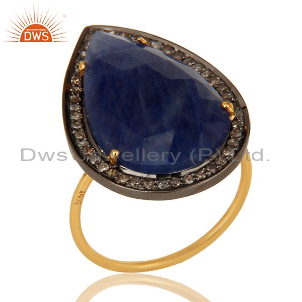 Natural Blue Sapphire Gemstone Pave Diamond 14K Yellow Gold Cocktail Ring