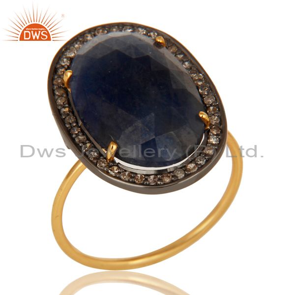 14K Yellow Gold Natural Oval Blue Sapphire Cocktail Engagement Ring With Diamond