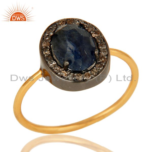 Natural Blue Sapphire Gemstone And Pave Diamond 14K Gold Wedding Stackable Ring