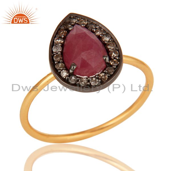 14K Solid Yellow Gold Natural Ruby And Pave Diamond Stacking Ring